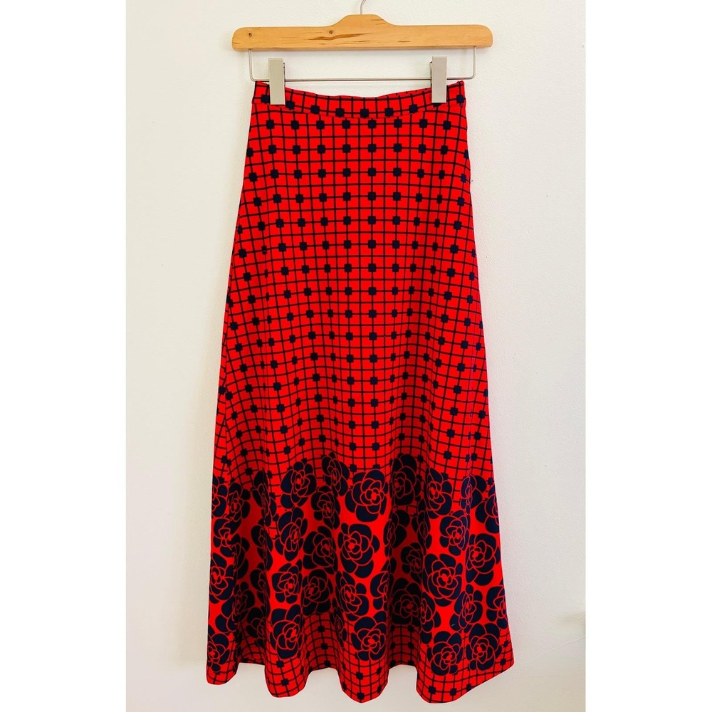 Vintage 70s Red Maxi Skirt Floral Mod Disco‎ Boho Kitsch XS High Waist Long - Picture 3 of 6